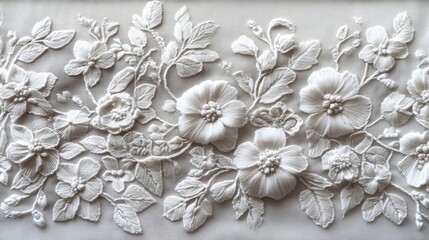 Exquisite white cotton lace embroidery presents elegant floral and leaf patterns. Delicate details, exquisite stitches, and clear lines create beautiful lace trims that are perfect for textile design