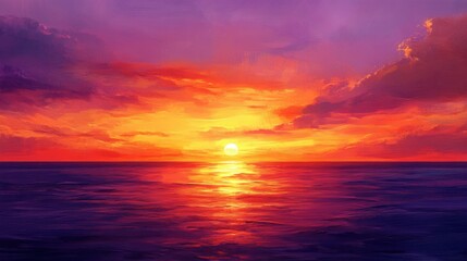 Obraz premium A breathtaking sunset over a tranquil ocean, with vibrant hues of orange, pink, and purple filling the sky.
