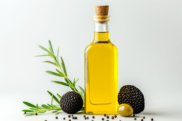 Truffle infused olive oil in bottle with cork surrounded on white background.