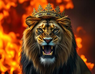 lion with a crown on its head and angry  fire background 