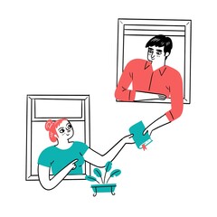 A woman and a man exchange a book through their windows