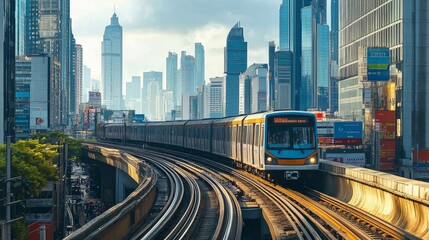 Fototapeta premium A busy cityscape featuring an electric train traveling through an elevated track, with skyscrapers and urban infrastructure in the background, capturing the integration of modern transit.