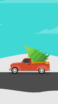 Red pickup truck driving a Christmas tree down a road in a snowy forest. Animated vertical greeting card in flat art vector style