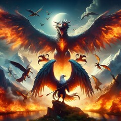 war dragon with hawk flying on sky and beautiful landscape nature fantasy