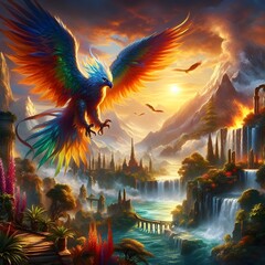 beautiful hawk flying on sky with beautiful landscape nature fantasy