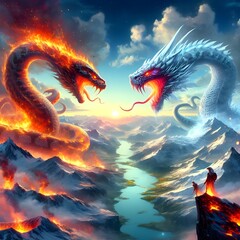 beautiful fire sneak war with ice sneak fantasy landscape