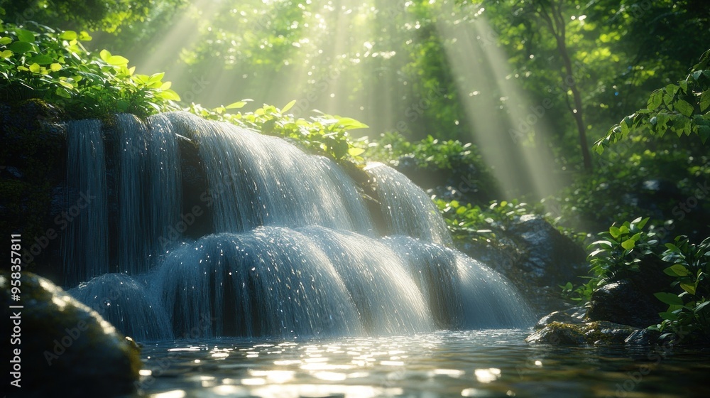 Poster Tranquil Waterfall in Lush Forest