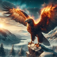 Fire big hawk beautiful wings with landcape fantasy