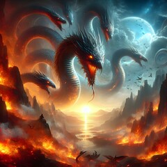 landscape with sneak fire and clouds in night sky moon fantasy