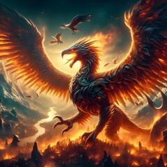 strong hawk dragon fire with beautiful landscape nature fantasy