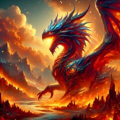 Big and strong dragon with fire landscape fantasy nature beautiful sky