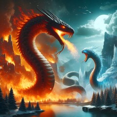 Big strong sneak fire war with ice winter sneak landscape fantasy