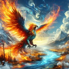 fire hawk in the sky flying wings on sky fantasy landscape
