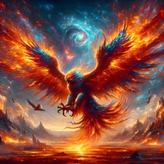 Beautiful hawk fire flying wing with landscape fantasy