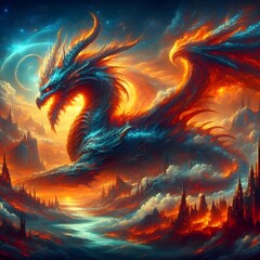 fire dragon in the sky with beautiful fantasy landscape