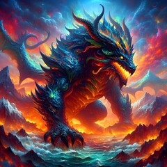 dragon in the sky with fire strong landscape beautiful fantasy