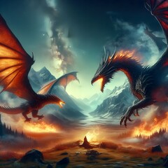 dragon in the night sky with landscape fire war