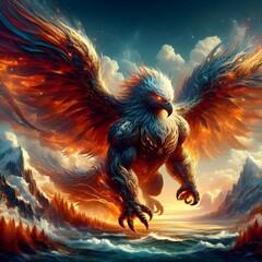 Hawk fire flying wing on sky beautiful landscape fantasy 