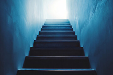 Fototapeta premium A stairway leading upwards into a bright light creating a mysterious and hopeful atmosphere with cool blue tones