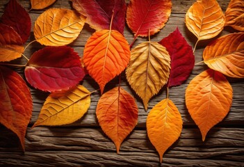 vibrant autumn leaves displayed textured weathered wood creating warm seasonal atmosphere, fall, foliage, colors, backdrop, nature, orange, yellow, green