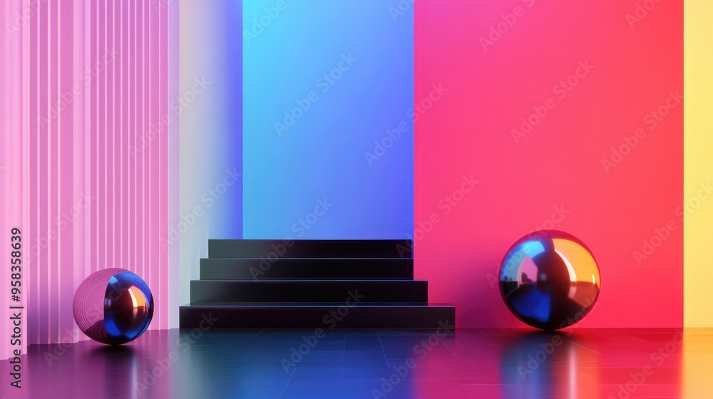 Poster Dynamic abstract interior featuring smooth black and colored gradient objects with 3D rendering