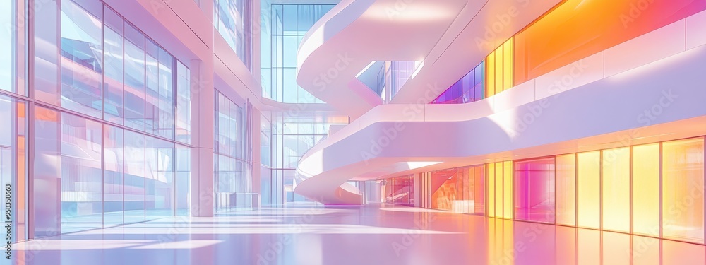 Poster 3D rendering of an abstract multilevel public interior space featuring a blend of white and colored elements with large windows