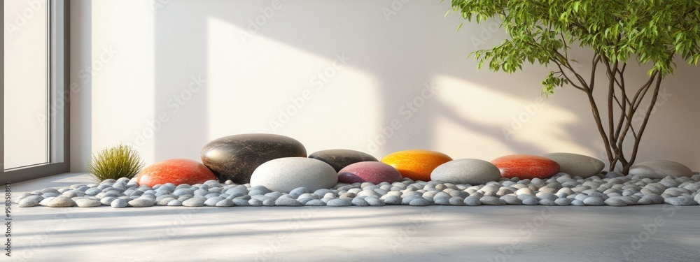 Poster 3d rendering of multi colored pebbles in an interior setting showcasing round colored stones