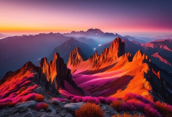 stunning mountain peaks bathed vibrant sunrise hues fiery soft brilliant yellows clear sky, color, orange, pink, light, beauty, nature, landscape, dawn