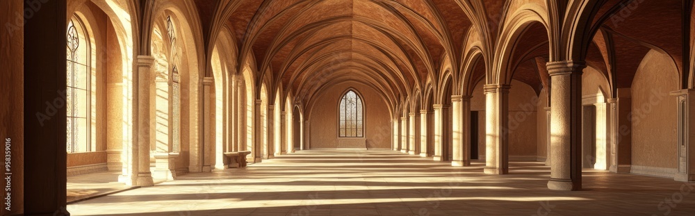 Poster 3d rendering of an interior space resembling a historic university reflecting medieval architectural