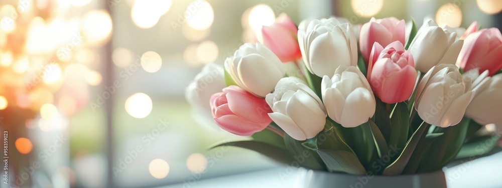 Poster 3d rendering of a beautiful arrangement of fresh white and pink tulips in a vase featuring a shallow