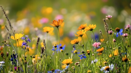 A field of vibrant wildflowers in full bloom, stretching as far as the eye can see.