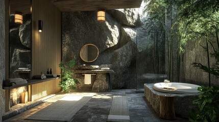 3D rendering of a stone bathroom featuring foam showcasing an eco friendly interior design with bamboo elements