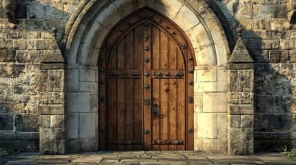 3D rendering of a wooden door at a historic church