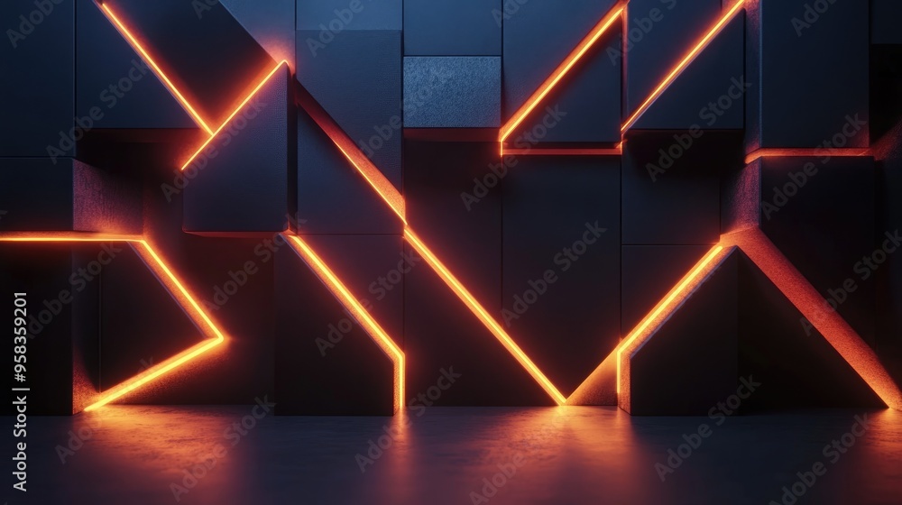 Poster 3d rendering of black geometric shapes illuminated by gradient neon lights against a dark background