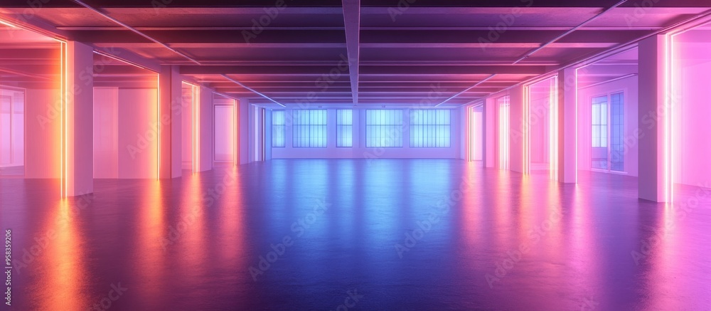Poster 3d rendering of an empty and dim open space office with abstract light effects for interior design