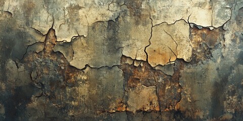 Obraz premium 3D rendering of an abstract backdrop featuring a weathered wall with cracks spots and stains showcasing a damaged antique surface