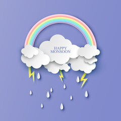 Beautiful clouds and rainbow in rainy season. Rainy season. Happy Monsoon. paper cut and craft design. vector, illustration. 