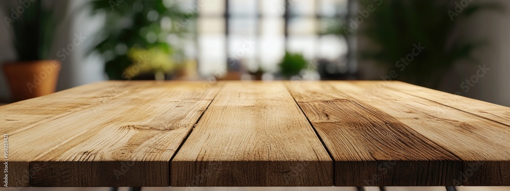 Poster close up view of a wooden table with a blurred background in 3d rendering