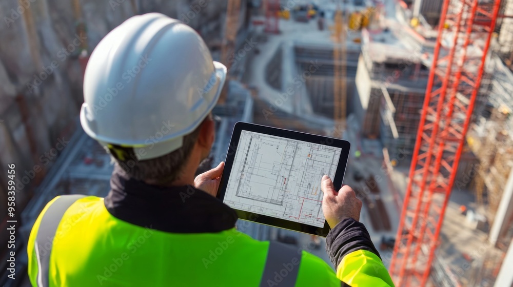 Aufkleber A civil engineer reviewing site plans on a tablet, with a large infrastructure project in the background, showing the connection between technology and hands-on supervision.