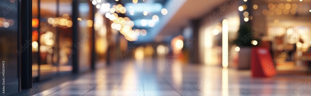 Poster 3d rendering of a shopping mall or department store with a blurred background and bokeh lights