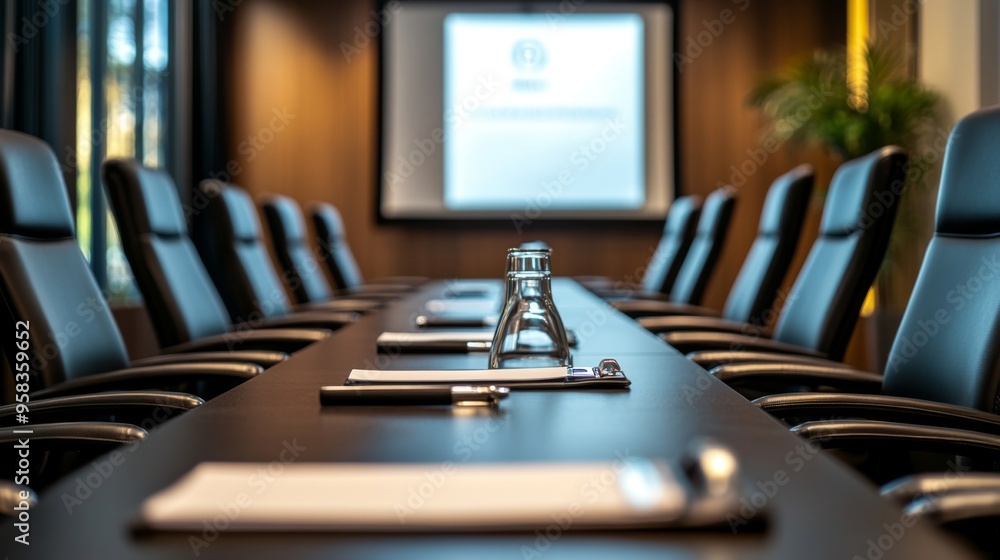 Poster a clean and stylish conference room setup with a long table and comfortable executive chairs, with a