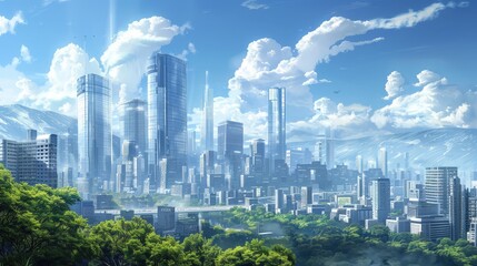 Show a city landscape with a focus on modern skyscrapers and high-tech architecture