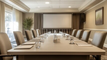 Fototapeta premium A clean and stylish conference room setup with a long table and comfortable executive chairs, with a projector screen and notepads ready for a professional meeting.