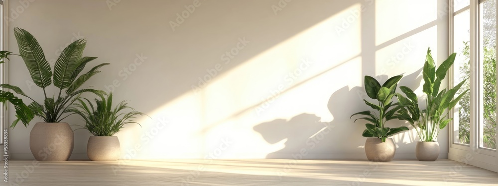 Poster modern empty room with potted plants in vases 3d rendering