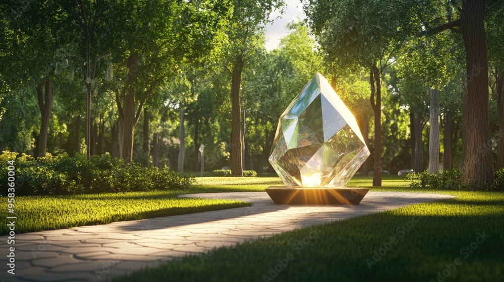 Poster 3d rendering of a crystal shaped lamp in a park setting