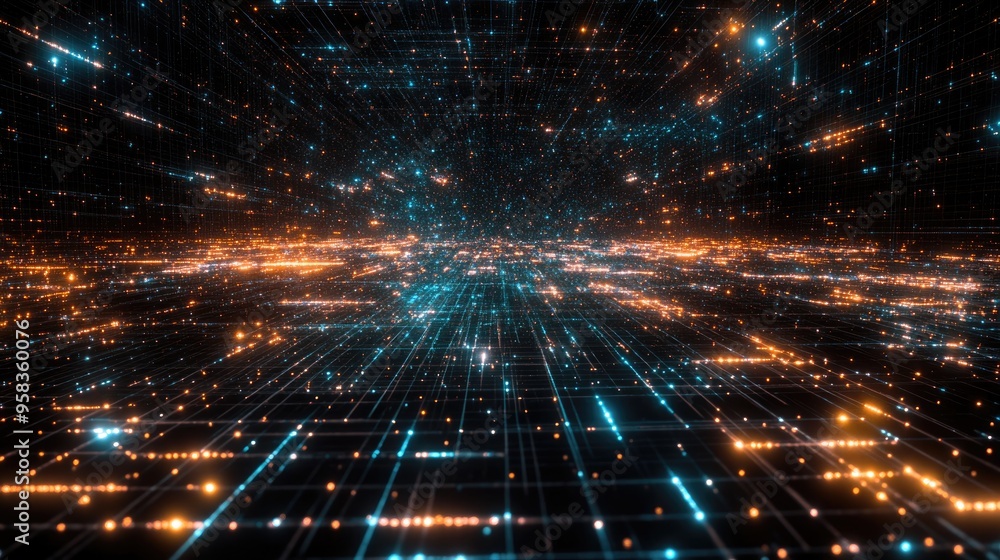 Aufkleber 3D illustration of an abstract landscape featuring a cyberspace grid on a dark background showcasing a starry outer space texture and a hi tech network