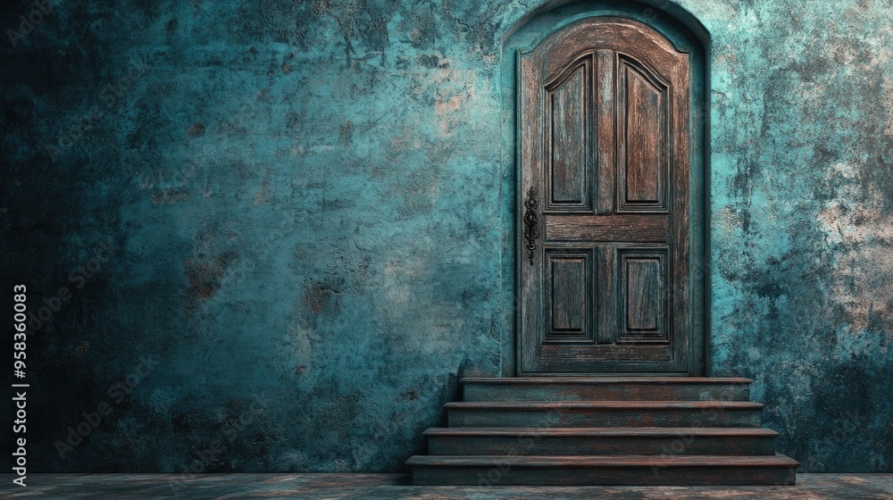 Poster 3d rendering of a vintage aged wooden door with an iron handle opening to a stairway featuring ample