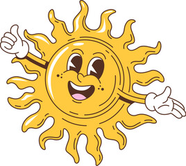 Retro groovy sun character. Isolated cartoon vector sunny personage with a big, joyful smile, vibrant rays beaming, arms outstretched, exude summer warmth and happiness with positive facial expression