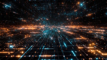 Obraz premium 3D illustration of an abstract landscape featuring a cyberspace grid on a dark background showcasing a starry outer space texture and a hi tech network