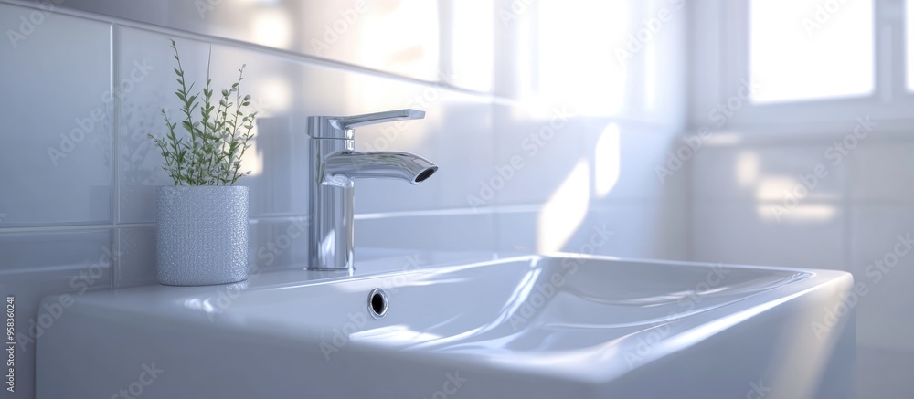 Fototapete 3D rendering of a pristine white sink with a faucet in a bathroom setting